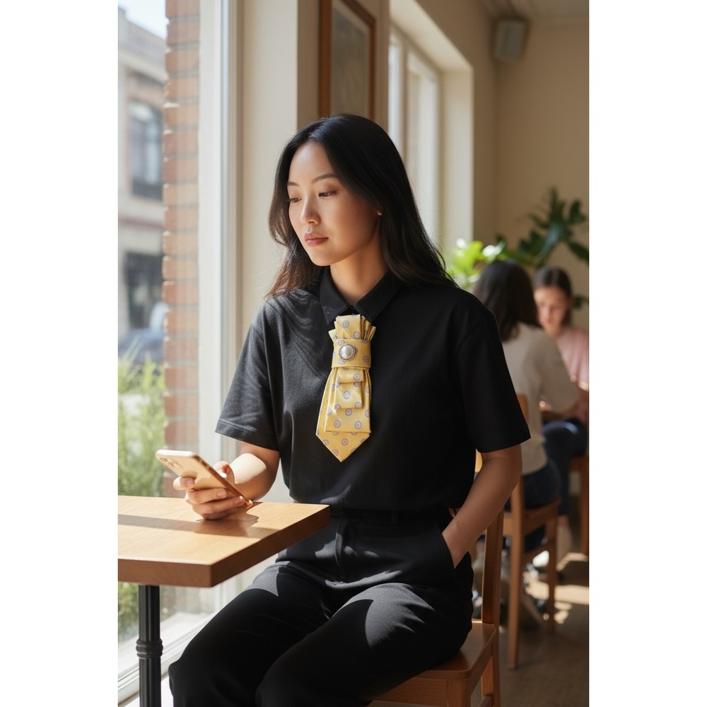 Yellow Patterned Necktie Necklace‎ with Pearl Brooch on a string of faux pearls